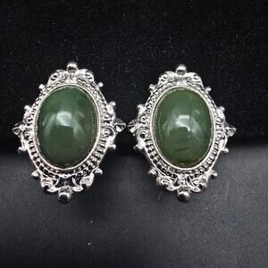 1928 Brand Green Silver Tone Ornate Clip On Earrings